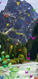 Colorful butterflies in a scenic mountain landscape with flowing river and forest.