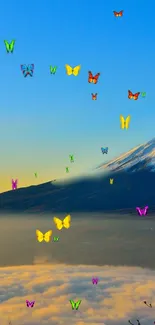 Vibrant butterflies flutter over a mountain at sunset.