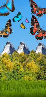 Vibrant butterflies fly above a lush field with mountains on a clear day.