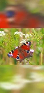 Red butterfly rests gently on white flowers with a blurred green background.