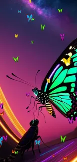 Neon butterfly with colorful wings against galaxy night sky wallpaper.