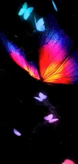 A vibrant neon butterfly glowing in the dark.