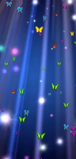 Colorful butterflies on a dark blue background with sparkling lights.