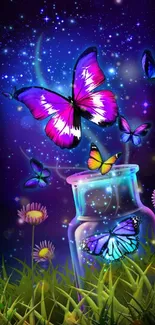 Colorful butterflies against a starry night sky above a glass jar.