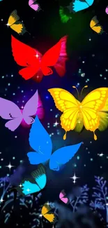 Colorful butterflies glow against a dark, starry night background.