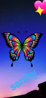 Colorful butterfly with night sky background and stars.