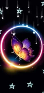 Colorful butterfly in neon halo with stars on black background.