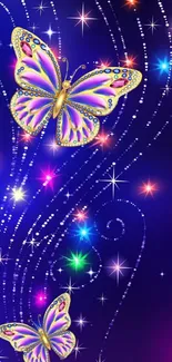 Colorful butterflies with stars in a dark blue night sky.