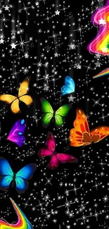 Vibrant butterflies with stars on black background wallpaper.