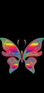 Psychedelic colorful butterfly on black wallpaper.