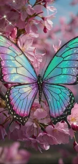 Colorful butterfly on pink blossoms with sparkling wings.