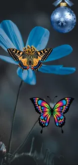 Colorful butterfly on blue flower with festive ornament on black background.