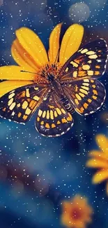 Butterfly rests on a yellow daisy in vibrant nature wallpaper.