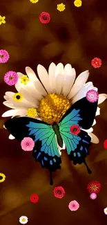 Blue and green butterfly on white daisy mobile wallpaper.