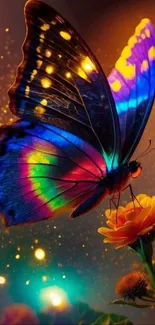 A vibrant butterfly with colorful wings rests on a flower in a magical setting.