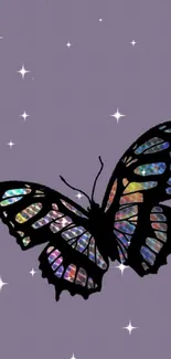 Iridescent butterfly on lavender background mobile wallpaper.