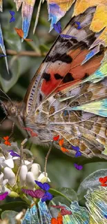 Colorful butterfly on green leaves with abstract artistic effects.