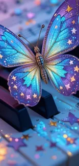 A colorful butterfly rests on piano keys under cosmic stars.