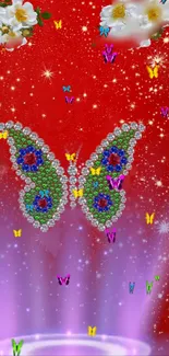 Colorful butterfly on sparkly red background with flowers.