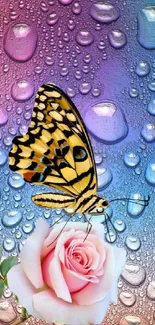 Colorful butterfly perched on a pink rose with dew drops on a vibrant background.