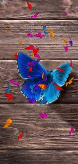 Blue butterfly with colorful petals on wood background.