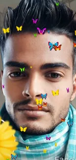 Mobile wallpaper featuring colorful butterflies on a person's face.