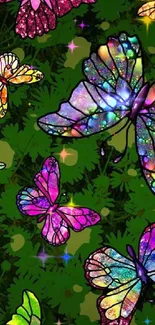 Colorful butterflies on a lush green background for mobile wallpaper.