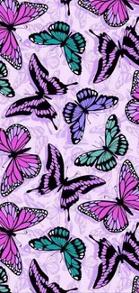 Purple and teal butterfly pattern wallpaper.