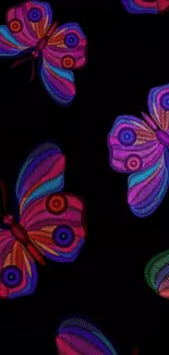 Vibrant embroidered butterflies on black mobile wallpaper.