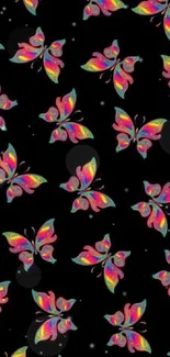 Colorful butterfly pattern wallpaper on a dark background.