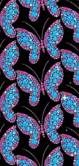 Colorful butterfly pattern on black wallpaper.