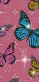 Colorful butterfly pattern on a pink background.