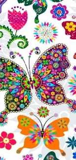 Vibrant colorful butterfly wallpaper with floral motifs.