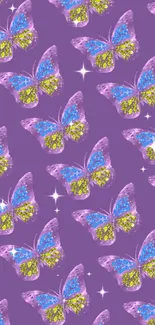 Colorful butterflies on a purple background for mobile wallpaper.