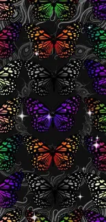 Colorful butterflies on a black background.