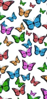 Mobile wallpaper with colorful butterflies on a white background.