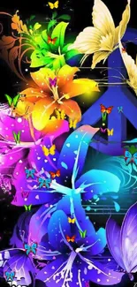 Colorful butterflies and peace sign on vibrant wallpaper.