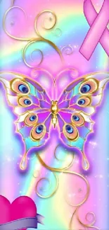 Colorful butterfly with pastel rainbow background and elegant swirls.