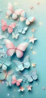 Whimsical wallpaper with pink and blue butterflies on pastel background.