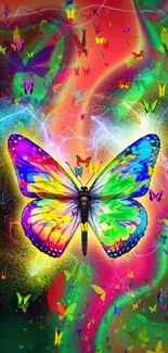 Colorful butterfly with rainbow hues on a vibrant phone wallpaper background.