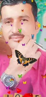 A man with colorful butterflies on a pink background.