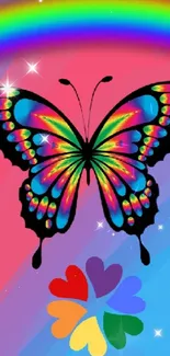 Vibrant butterfly with rainbow colors on pink and blue background.