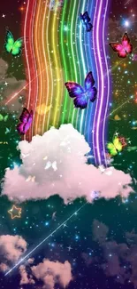 Colorful butterflies and rainbow wallpaper with stars and clouds.