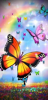 Colorful butterflies and rainbow mobile wallpaper, vibrant nature theme.