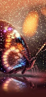 Colorful butterfly with glowing wings on a reflective surface.