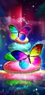 Vibrant butterfly and rock art wallpaper with a cosmic theme.