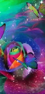 Colorful rose with butterflies in vibrant hues on a whimsical background.