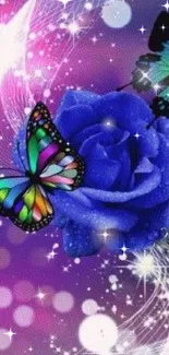 Colorful butterflies hovering over a blue rose with glowing effects.