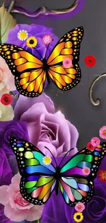 Colorful butterflies and roses mobile wallpaper with a vibrant floral design.