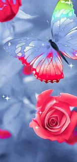 Vibrant butterfly and rose design wallpaper.